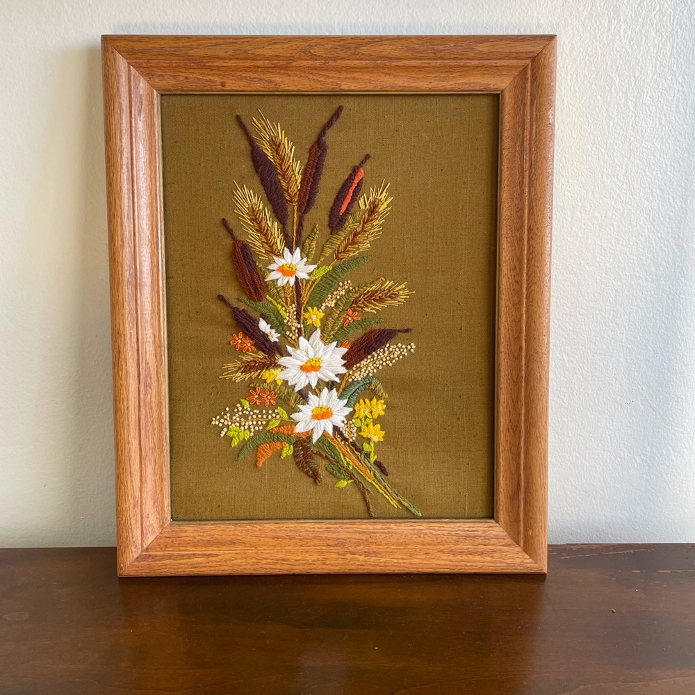 Vintage MidCentury Embroidered Floral Garden Art
